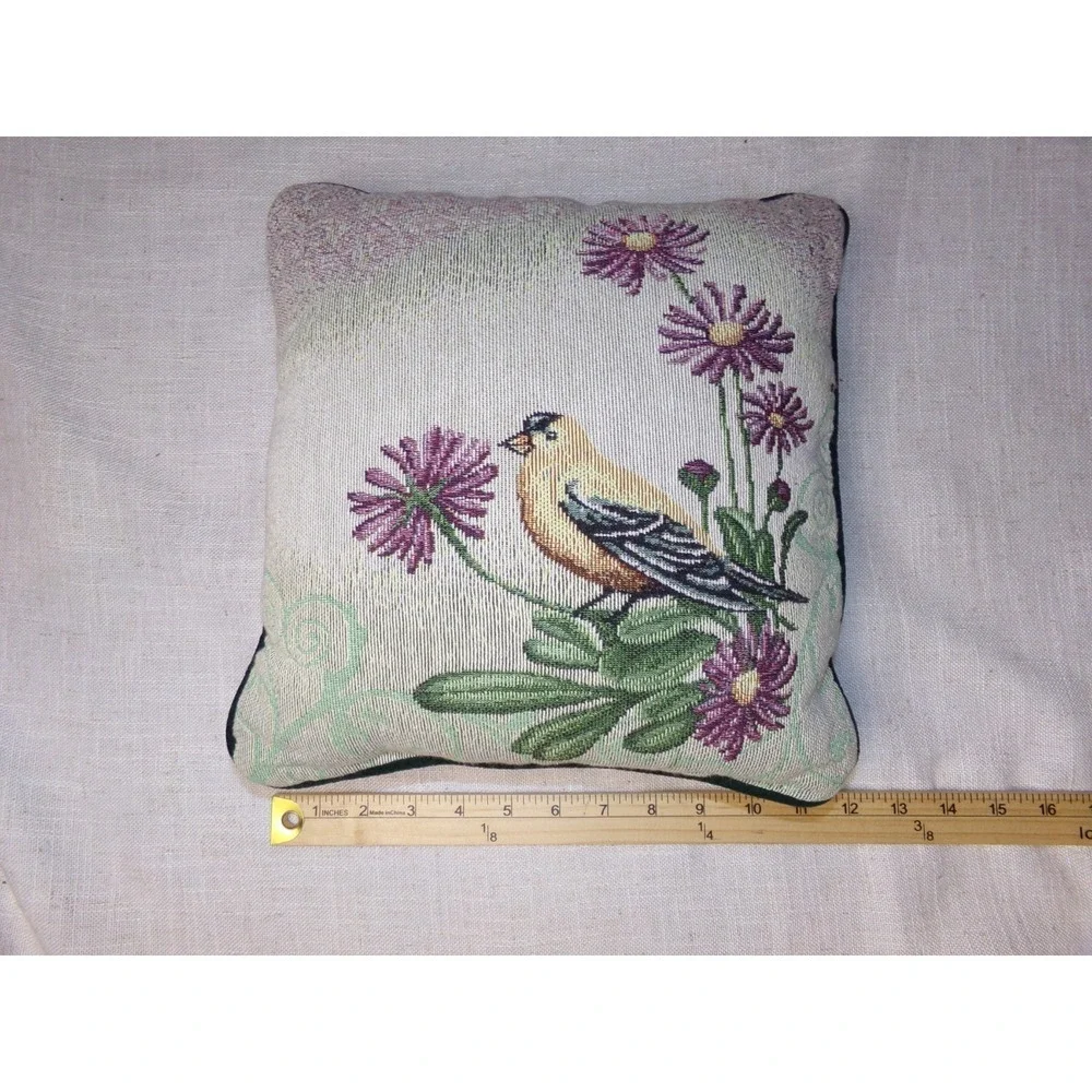 Tapestry Throw Pillow Bird, Butterfly, & Flowers 11x11